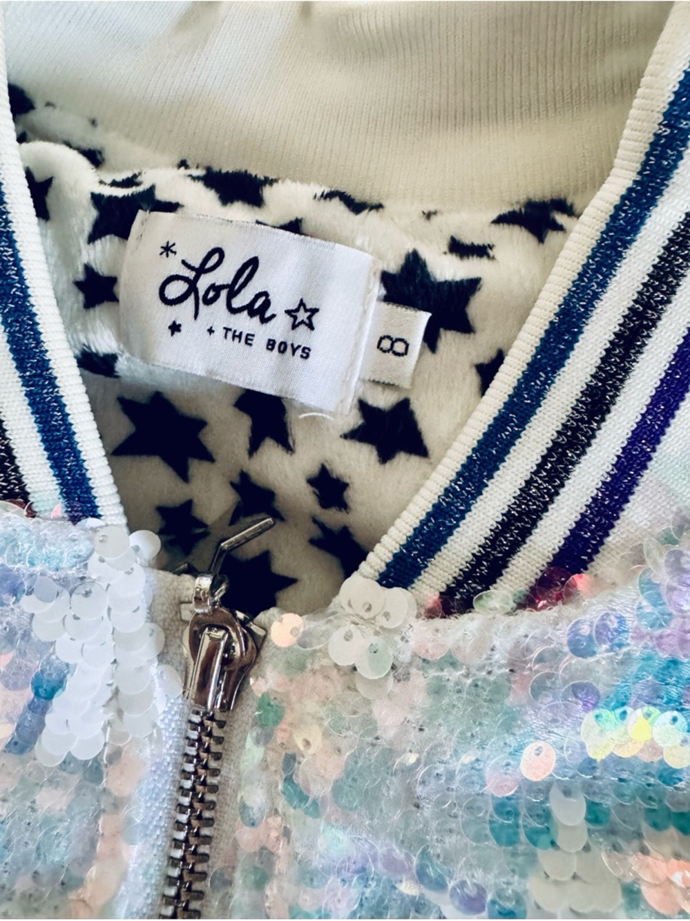 Lola + The Boys Star Pastel Iridescent Sequin Bomber Jacket - White Multi - Picture 2 of 5